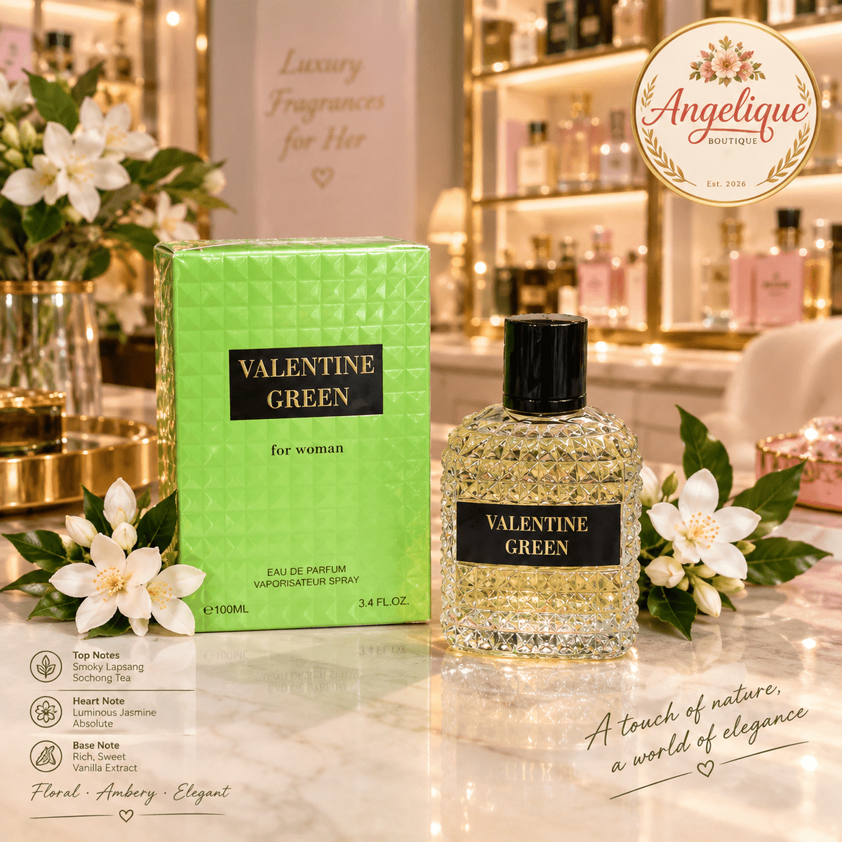 Valentine Green Eau de Parfum for Women 3.4 oz | Fresh Floral - Angelique Boutique