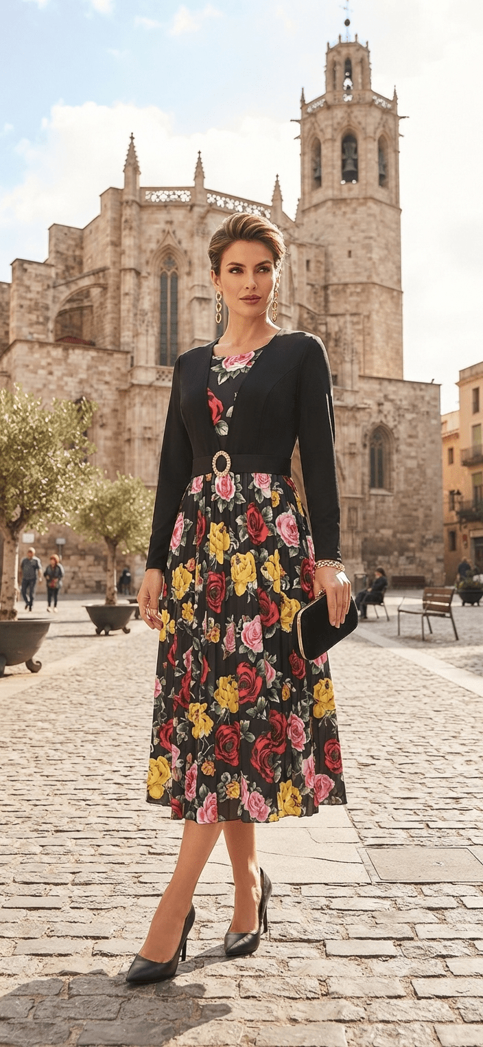 Women's Floral Midi Dress with Matching Cardigan - Angelique Boutique
